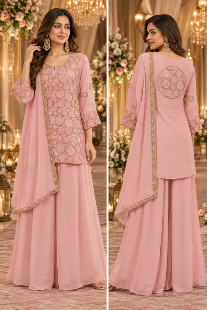 Women's Blush Pink Georgette Embroidered Palazzo Set in S & L