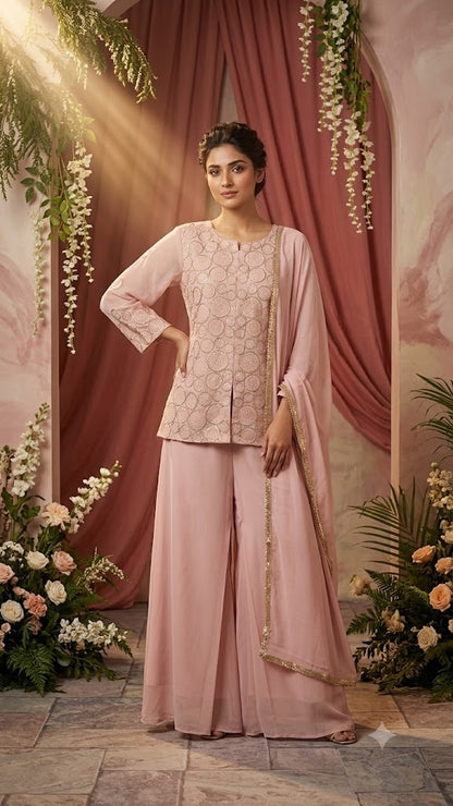 Women's Blush Pink Georgette Embroidered Palazzo Set in S & L