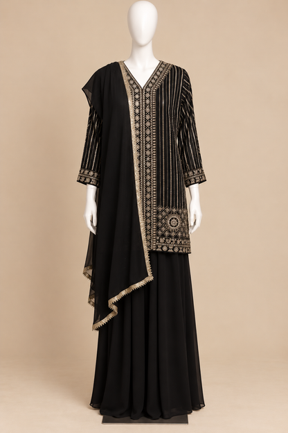 Women's Black Georgette Embroidered Palazzo Set with Stole in S & L