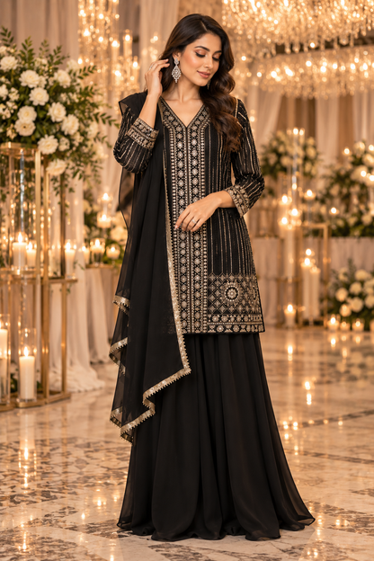Women's Black Georgette Embroidered Palazzo Set with Stole in S & L