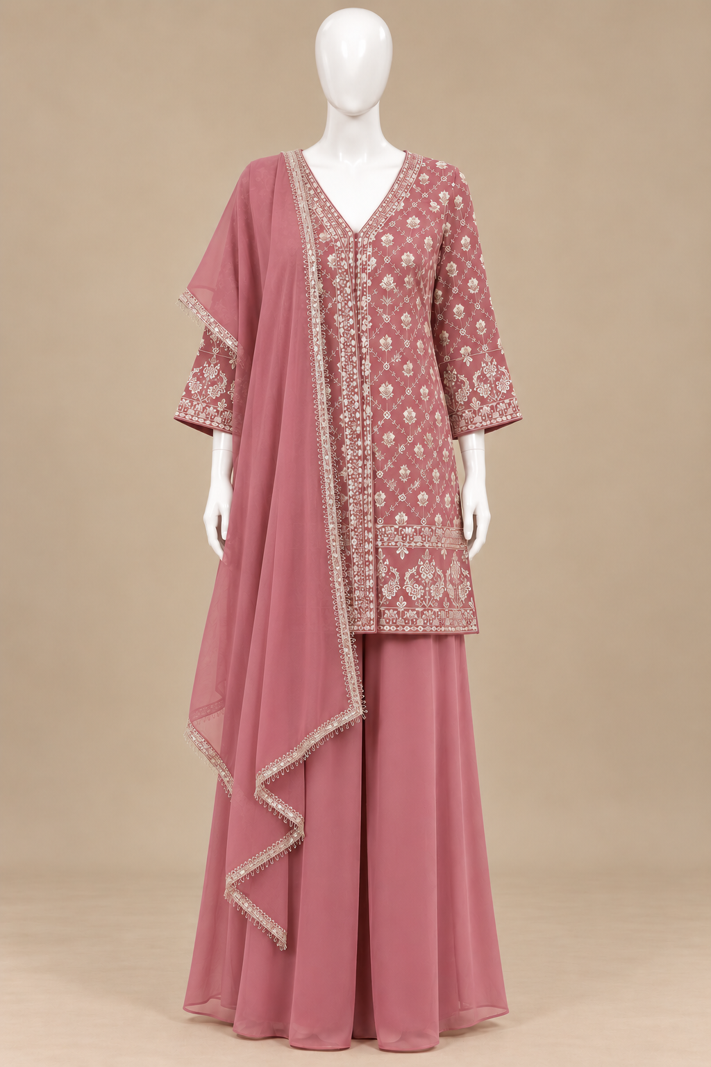 Women's Dusty Rose Georgette Embroidered Palazzo Set in XS & M
