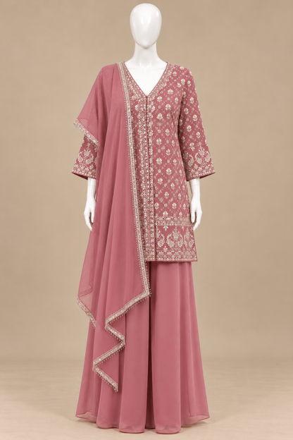 Women's Dusty Rose Georgette Embroidered Palazzo Set in XS & M