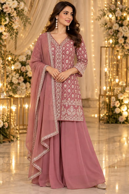 Women's Dusty Rose Georgette Embroidered Palazzo Set in XS & M