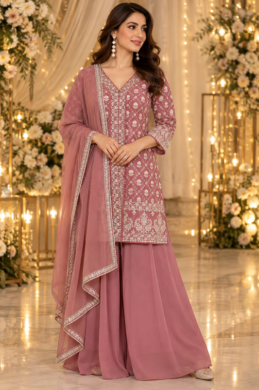 Women's Dusty Rose Georgette Embroidered Palazzo Set in XS & M