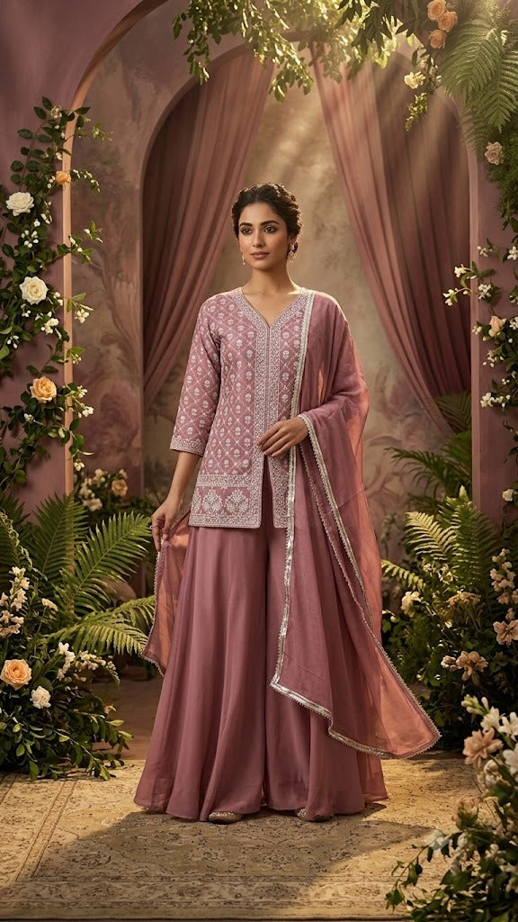 Women's Dusty Rose Georgette Embroidered Palazzo Set in XS & M