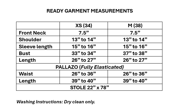 Size guide for Women's Dusty Rose Georgette Embroidered Palazzo Set in XS & M