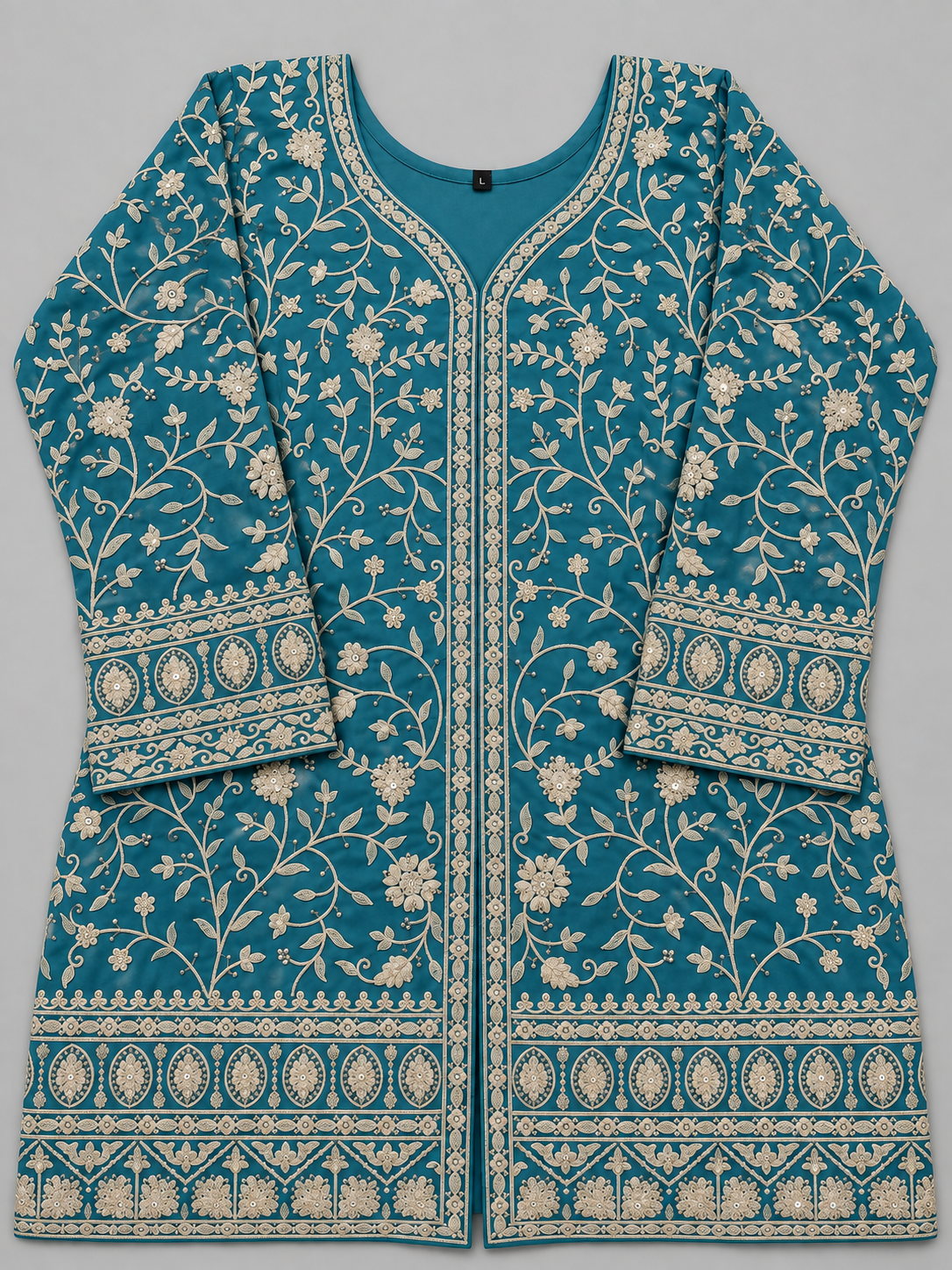 Women's Georgette Embroidered Kurta with Box Pleated Palazzo Set in L
