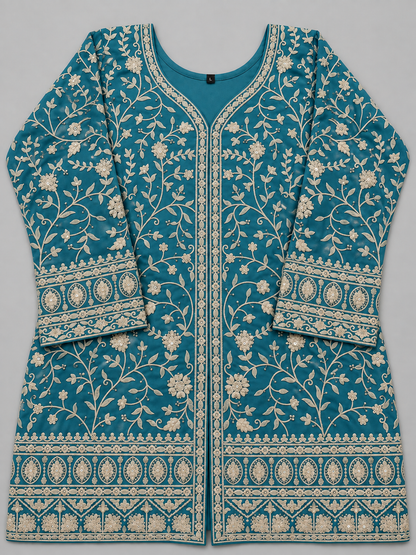 Women's Georgette Embroidered Kurta with Box Pleated Palazzo Set in L