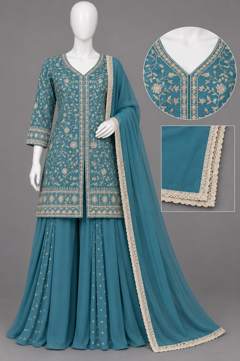 Women's Georgette Embroidered Kurta with Box Pleated Palazzo Set in L