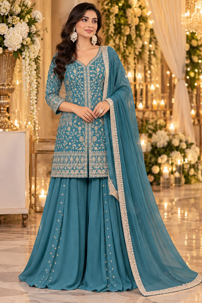 Women's Georgette Embroidered Kurta with Box Pleated Palazzo Set in L