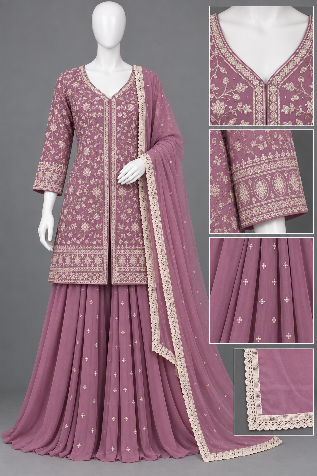 Women's Georgette Embroidered Kurta with Box Pleated Palazzo Set in L