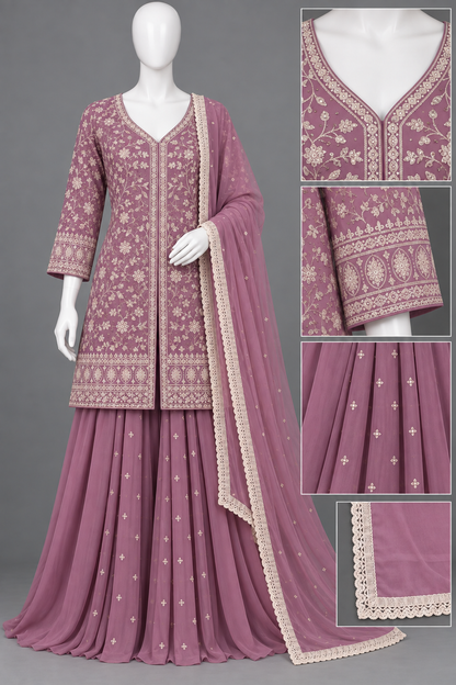 Women's Georgette Embroidered Kurta with Box Pleated Palazzo Set in L