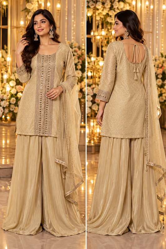 Women's Ivory Gold Jacquard Palazzo Set with Net Dupatta in L & XL