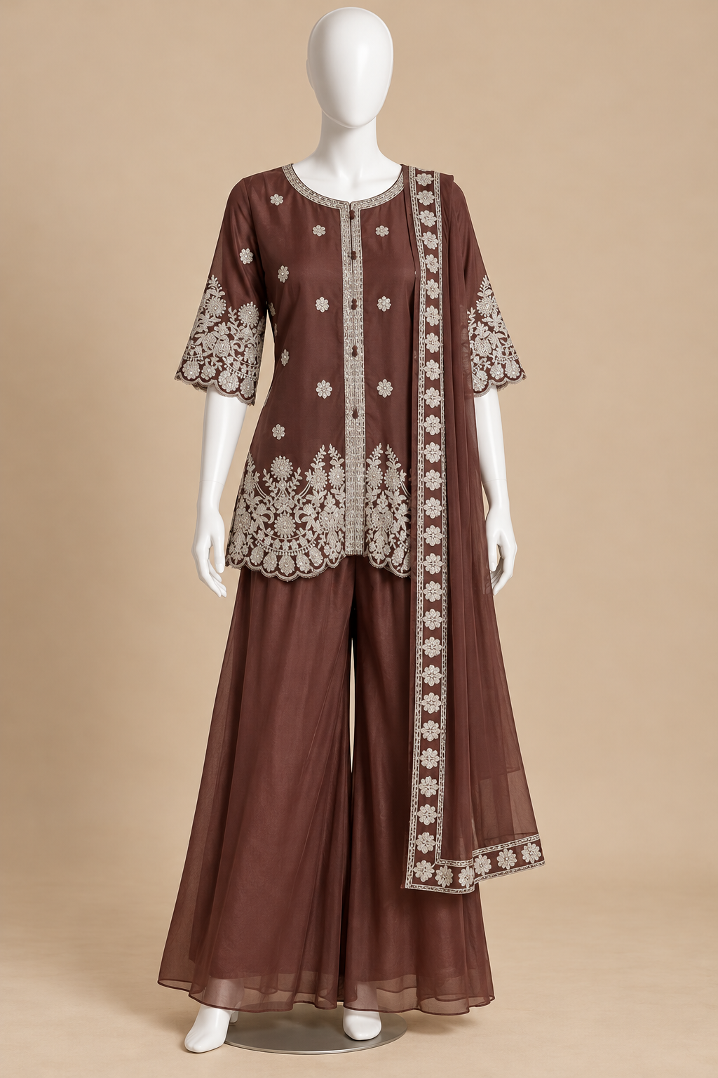Women's Georgette Palazzo Set with Silver Embroidery Scalloped Hemline in XS & S