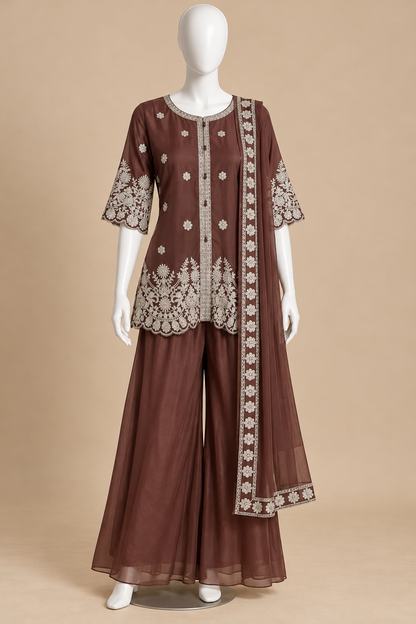 Women's Georgette Palazzo Set with Silver Embroidery Scalloped Hemline in XS & S