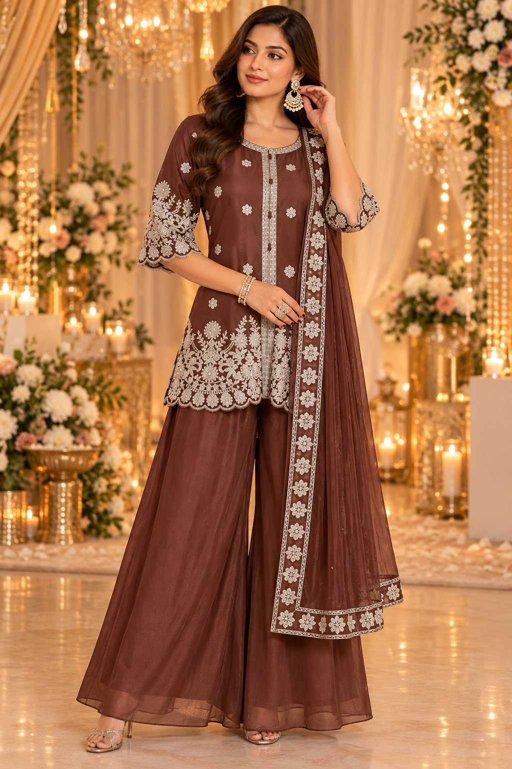 Women's Georgette Palazzo Set with Silver Embroidery Scalloped Hemline in XS & S