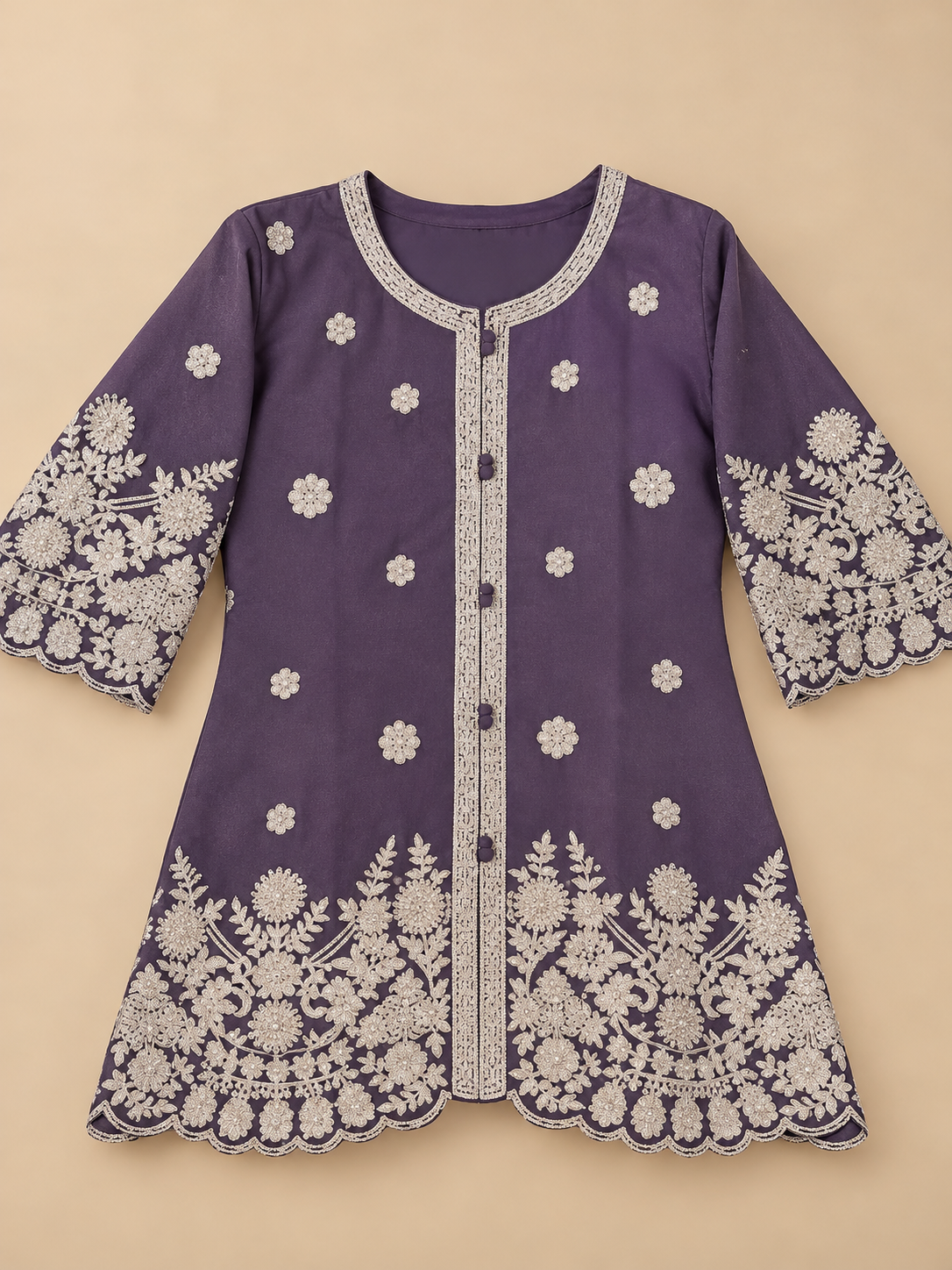 Women's Georgette Palazzo Set with Silver Embroidery Scalloped Hemline in XS & S