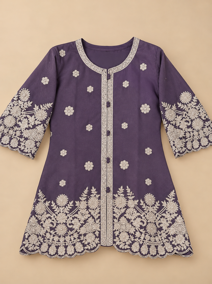 Women's Georgette Palazzo Set with Silver Embroidery Scalloped Hemline in XS & S