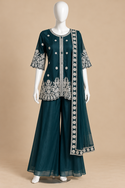 Women's Georgette Palazzo Set with Silver Embroidery Scalloped Hemline in XS & S