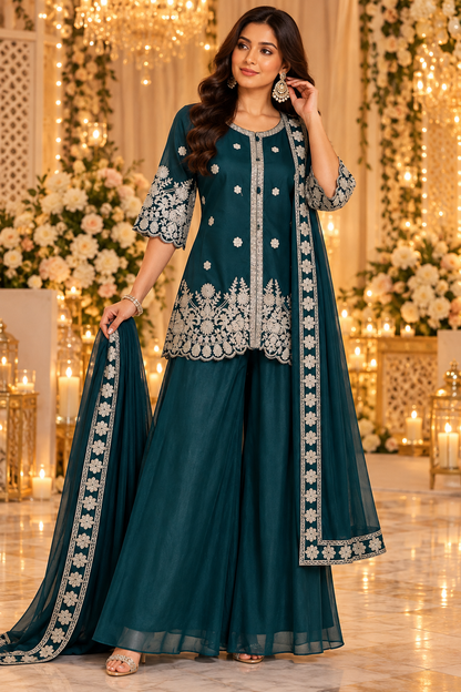 Women's Georgette Palazzo Set with Silver Embroidery Scalloped Hemline in XS & S