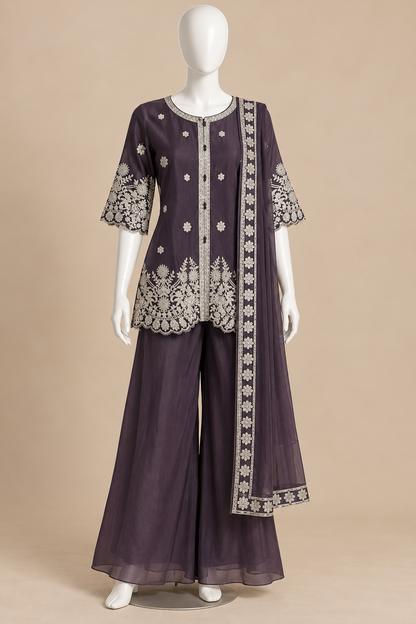 Women's Georgette Palazzo Set with Silver Embroidery Scalloped Hemline in XS & S