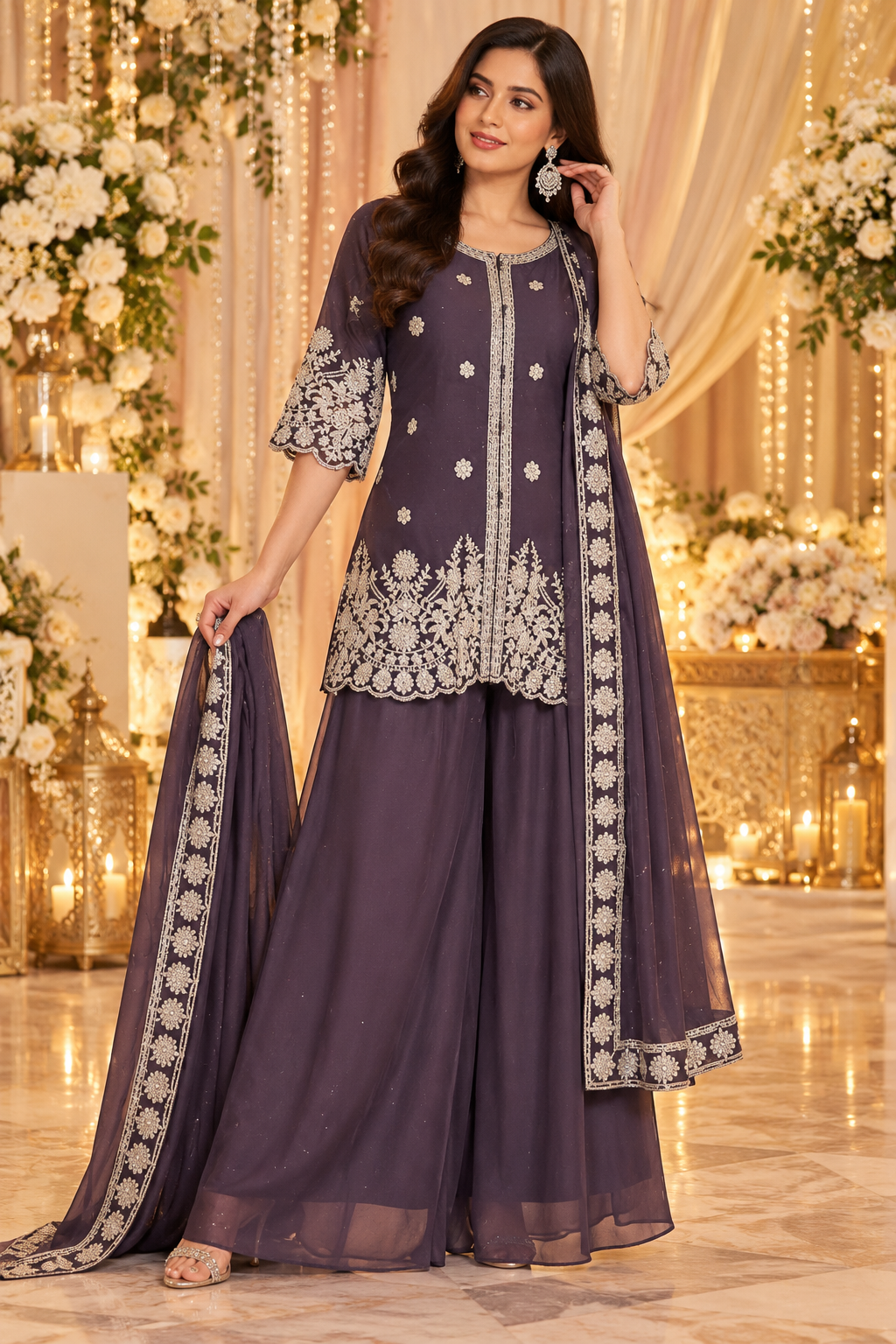 Women's Georgette Palazzo Set with Silver Embroidery Scalloped Hemline in XS & S