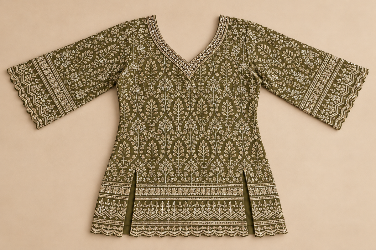 Women's Olive Green Chinon Short Top Palazzo Set in M & XL
