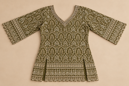 Women's Olive Green Chinon Short Top Palazzo Set in M & XL