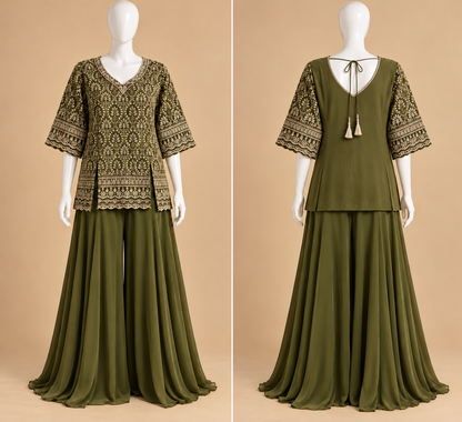 Women's Olive Green Chinon Short Top Palazzo Set in M & XL