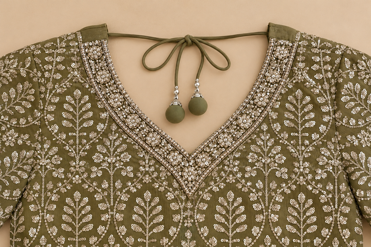Women's Olive Green Chinon Short Top Palazzo Set in M & XL