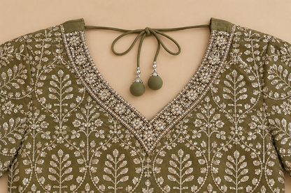 Women's Olive Green Chinon Short Top Palazzo Set in M & XL