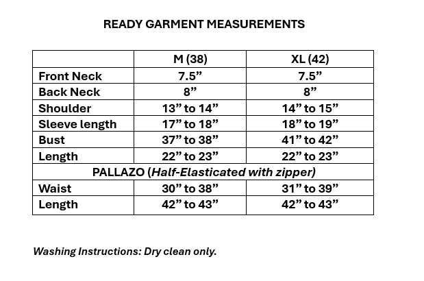 Size guide for Women's Olive Green Chinon Short Top Palazzo Set in M & XL