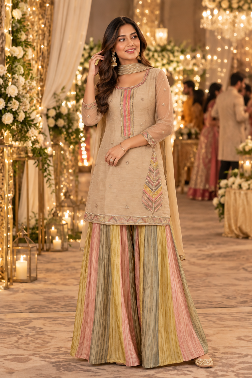 Women's Salsa Silk Embellished Kurta with Multicolor Flared Palazzo in L & 2XL