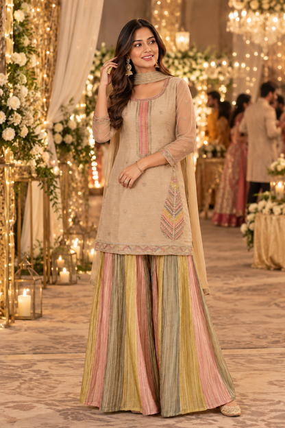 Women's Salsa Silk Embellished Kurta with Multicolor Flared Palazzo in L & 2XL