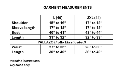 Size guide for Women's Salsa Silk Embellished Kurta with Multicolor Flared Palazzo in L & 2XL