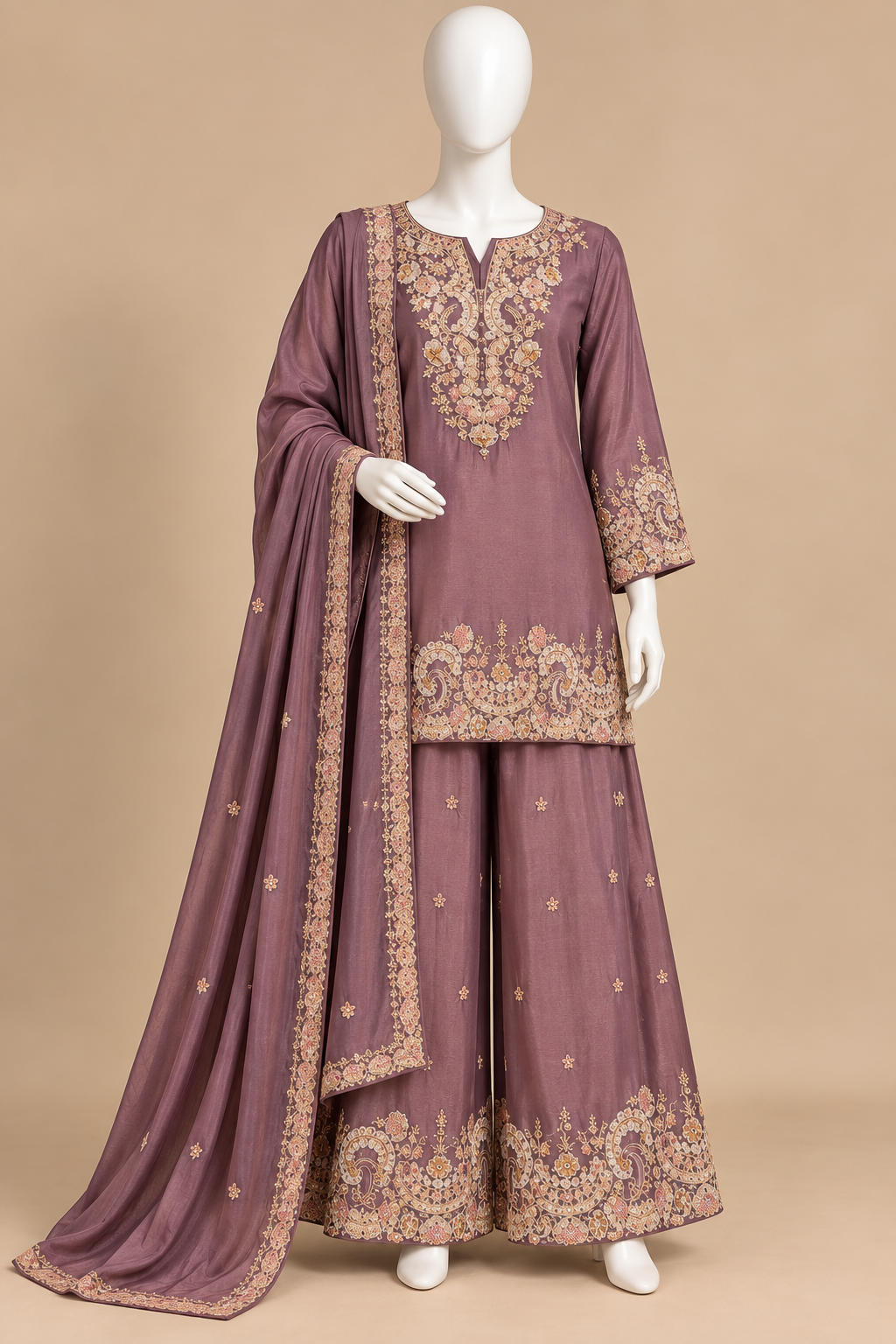 Women's Mauve Chinon Kurta Palazzo Set in M