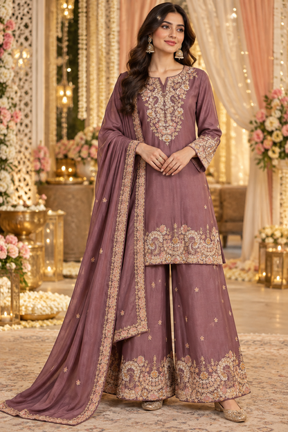 Women's Mauve Chinon Kurta Palazzo Set in M