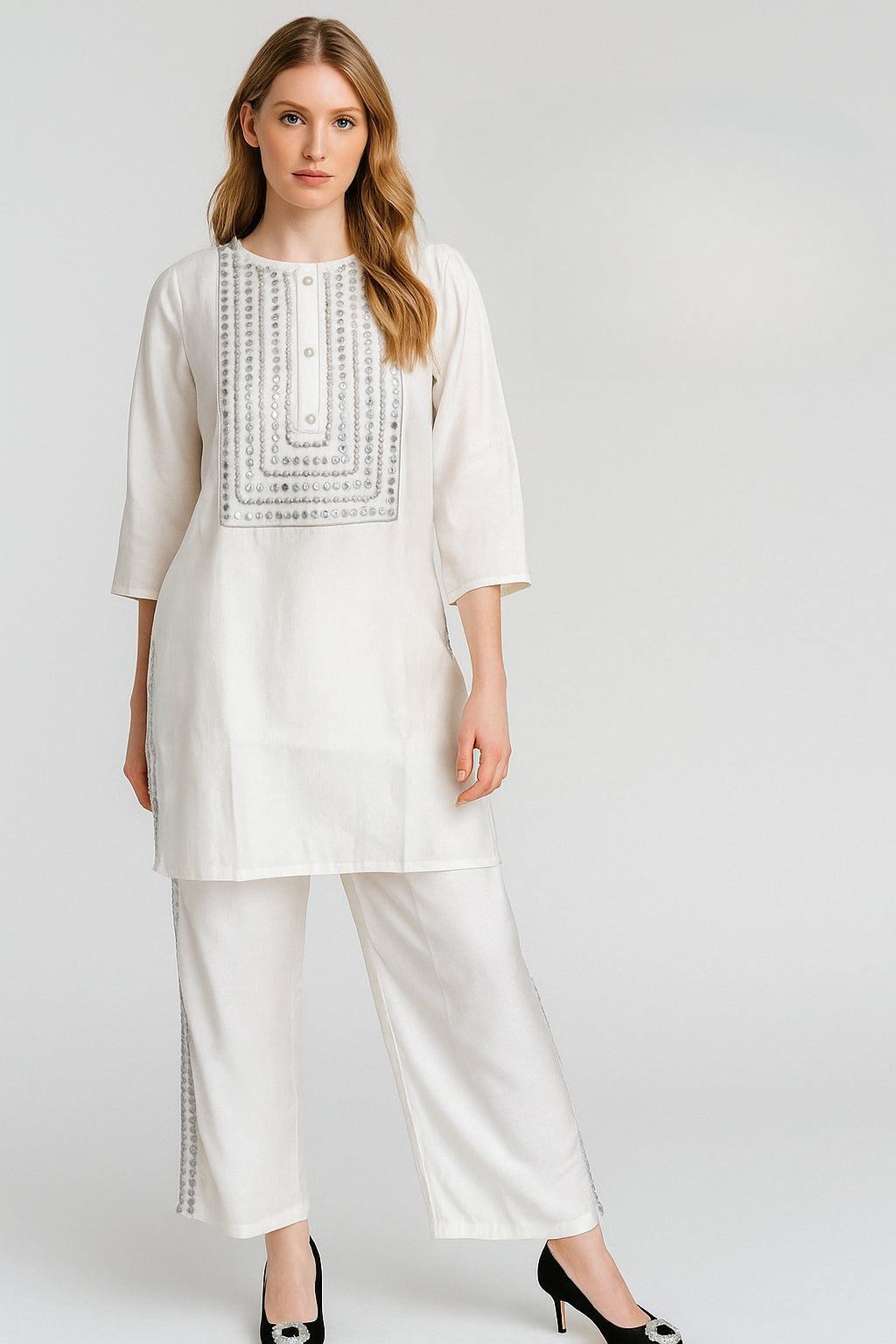 Women's off-white co-ord set with faux mirror work in M
