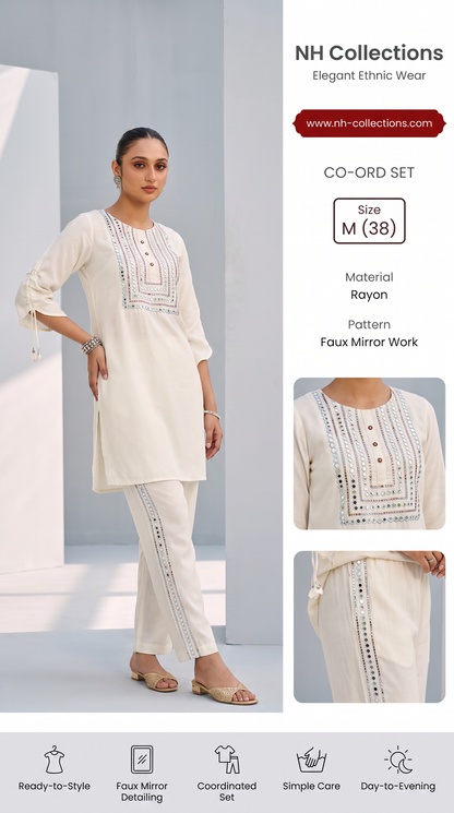 Women's off-white co-ord set with faux mirror work in M - close-up product detail