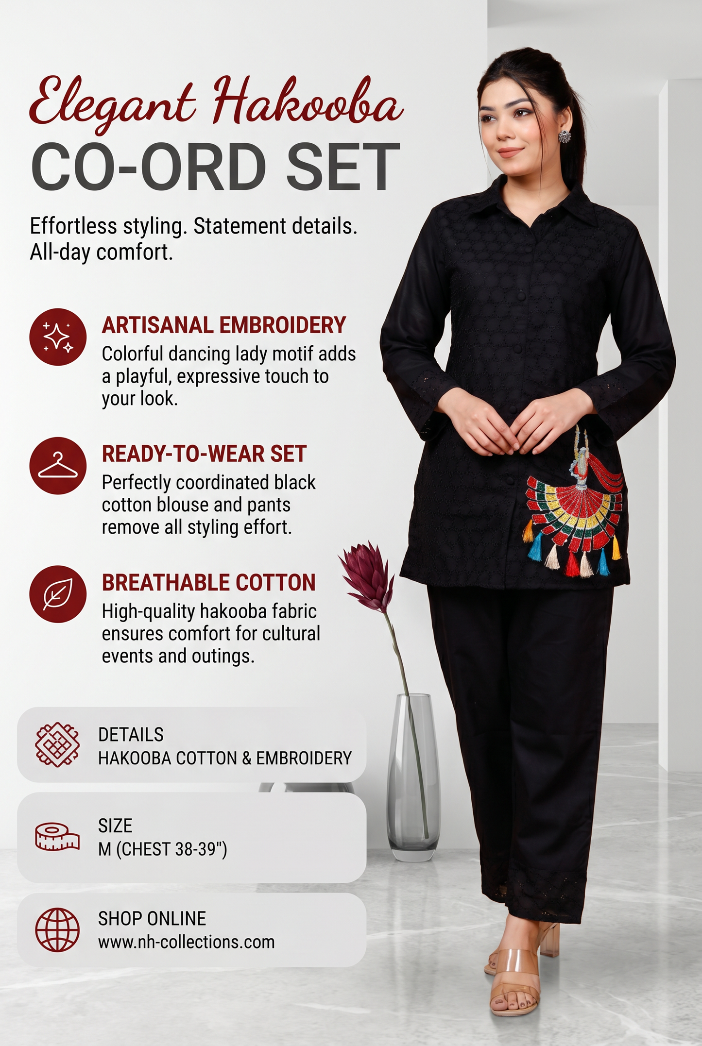 Women's black hakooba co-ord set with colorful doll embroidery in M
