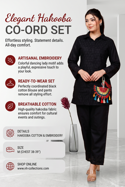 Women's black hakooba co-ord set with colorful doll embroidery in M