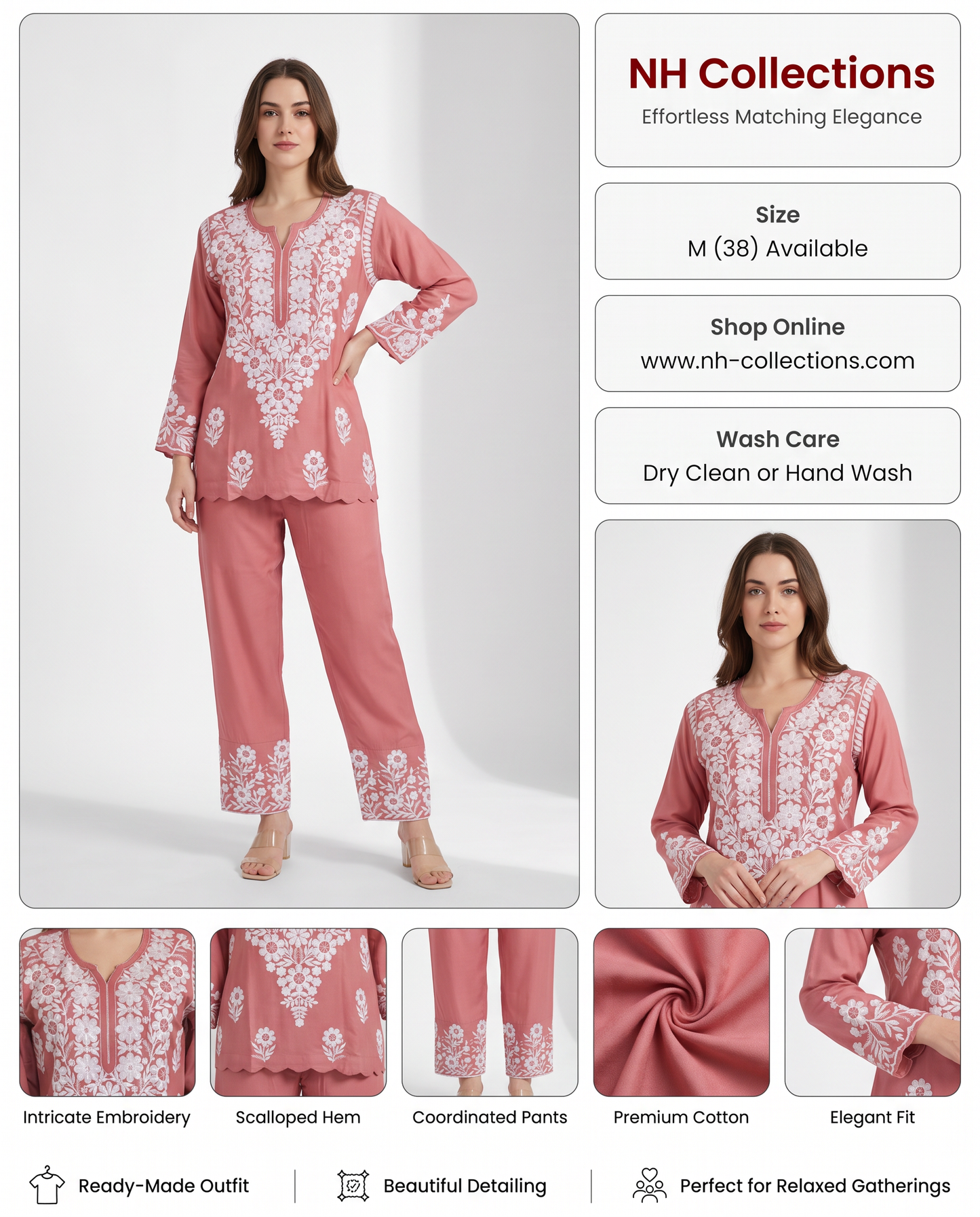 Women's co-ordset in pink with beautiful white embroidery in M - close-up product detail