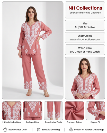 Women's co-ordset in pink with beautiful white embroidery in M - close-up product detail