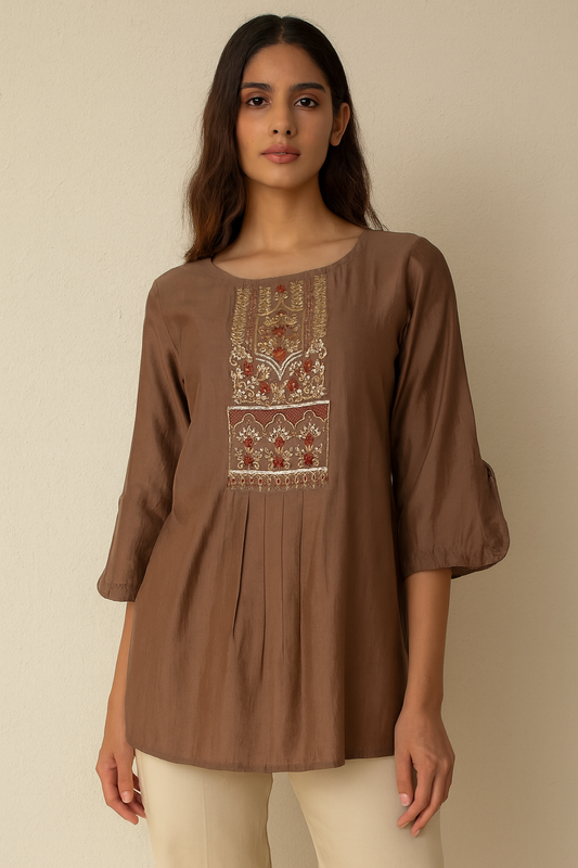 Women's brown natural silk blouse in M