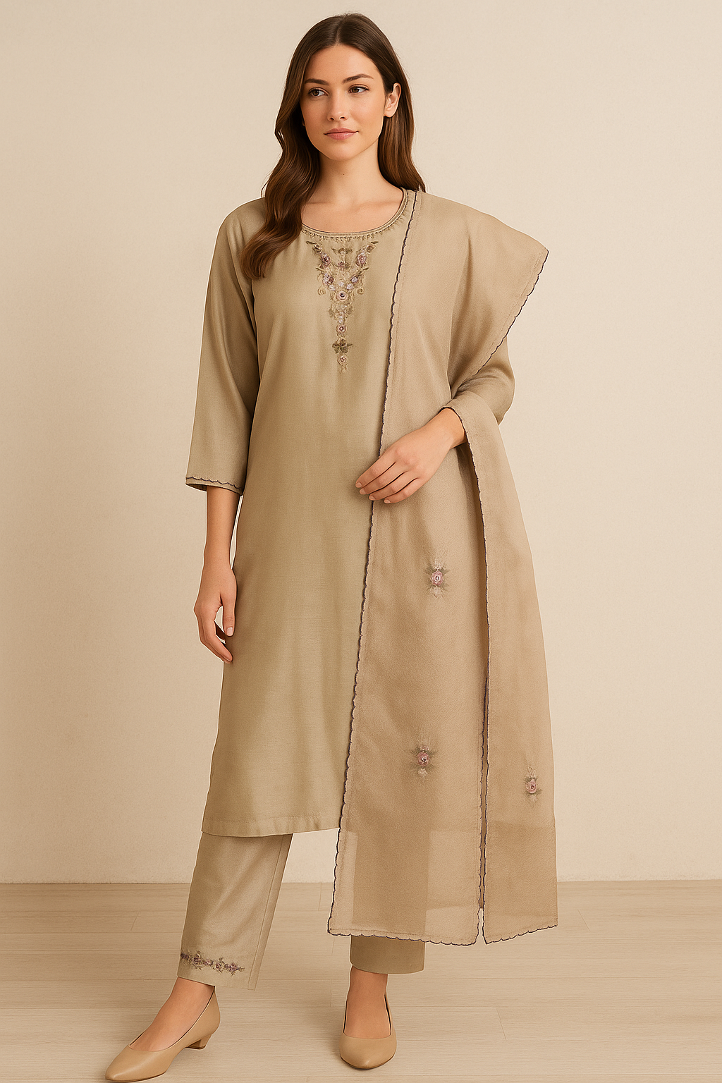Women's Biscuit color kurta set in M