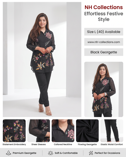 Women's black georgette co-ord set with colorful all over embroidery in L