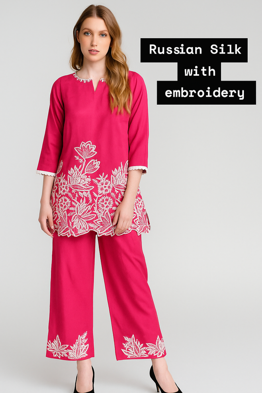 Women's fuchsia pink color co-ord set in russian silk in S