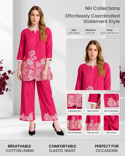 Women's fuchsia pink color co-ord set in russian silk in S
