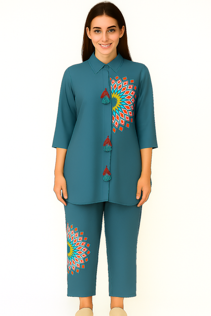 Women's cadet blue color muslin silk co-ord set in M