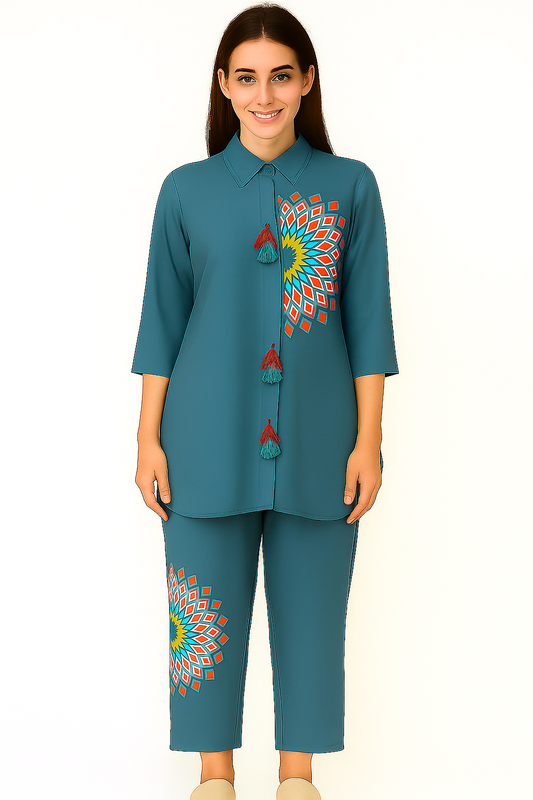 Women's cadet blue color muslin silk co-ord set in M